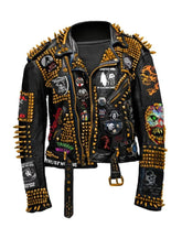 Men's Clone & Loine Multi Patches, Black Leather Jacket with Golden Studs, Punk Style, Party Club Wear